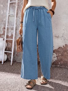 SHEIN MOD Women's Elastic Waist Drawstring Tie Pocket Denim Jeans - Light Wash - View 1