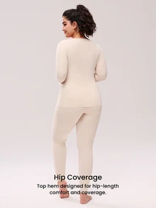 LUVLETTE Plus Women's Thermal Underwear Ultra-Soft Base Layer Cold Weather Warm Winter PJ Set Round Neck Top And Long Bottoms - Beige Lightweight And Warm Set  - Apricot - View 2