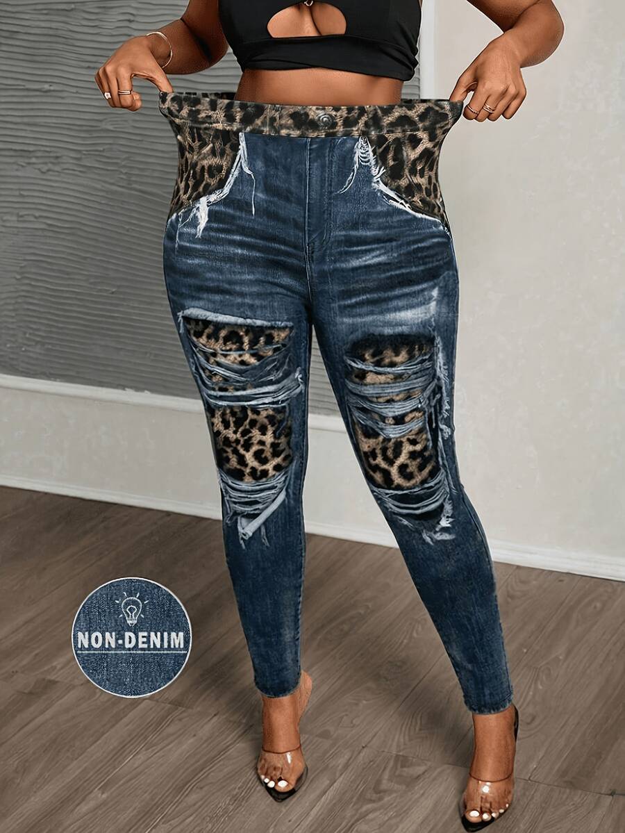 EMERY ROSE Plus Size Leopard Patchwork Distressed Denim Print Stretch High-Waist Leggings,Casual Slim Fit Ripped Look Pants,Fall Fashion Clothes For Curve Women - Multicolor - View 1