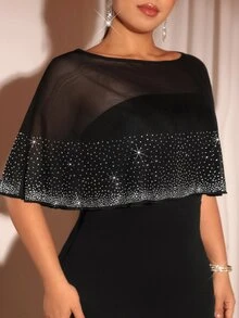Cravure Plus Size Women's Autumn/Winter New Black Knit Off-Shoulder Mesh Shawl Rhinestone High Waist Slimming Mermaid Long Dress For Formal Occasions, Party, Banquet - Black - View 7