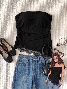 Comfortcana Plus Size Sleeveless Bandeau Split Pleated Solid Color Women's Top - Black - View 12