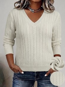 Linhara CURVE Plus Size Women's Autumn/Winter Solid Color V-Neck Long Sleeve Cable Knit Versatile Pullover Sweater - Light Yellow - View 1
