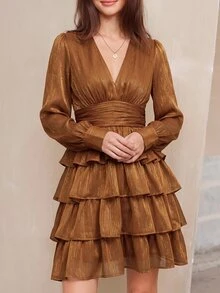 BELROSIE 法式風格V領甜美碎花度假短款層次雪紡長袖蛋糕裙女款迷你洋裝 - 咖啡 - 查看 3