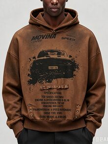 ROMWE MEN Men's Letter Pattern Rhinestone Casual Daily Hoodie Sweatshirt - Coffee Brown - View 8