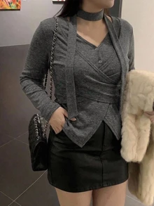 Dazy Plus Korean Style Layered Asymmetric Placket Criss-Cross Tie Casual Fitted Long Sleeve Spring Autumn New T-Shirt - Dark Grey - View 6