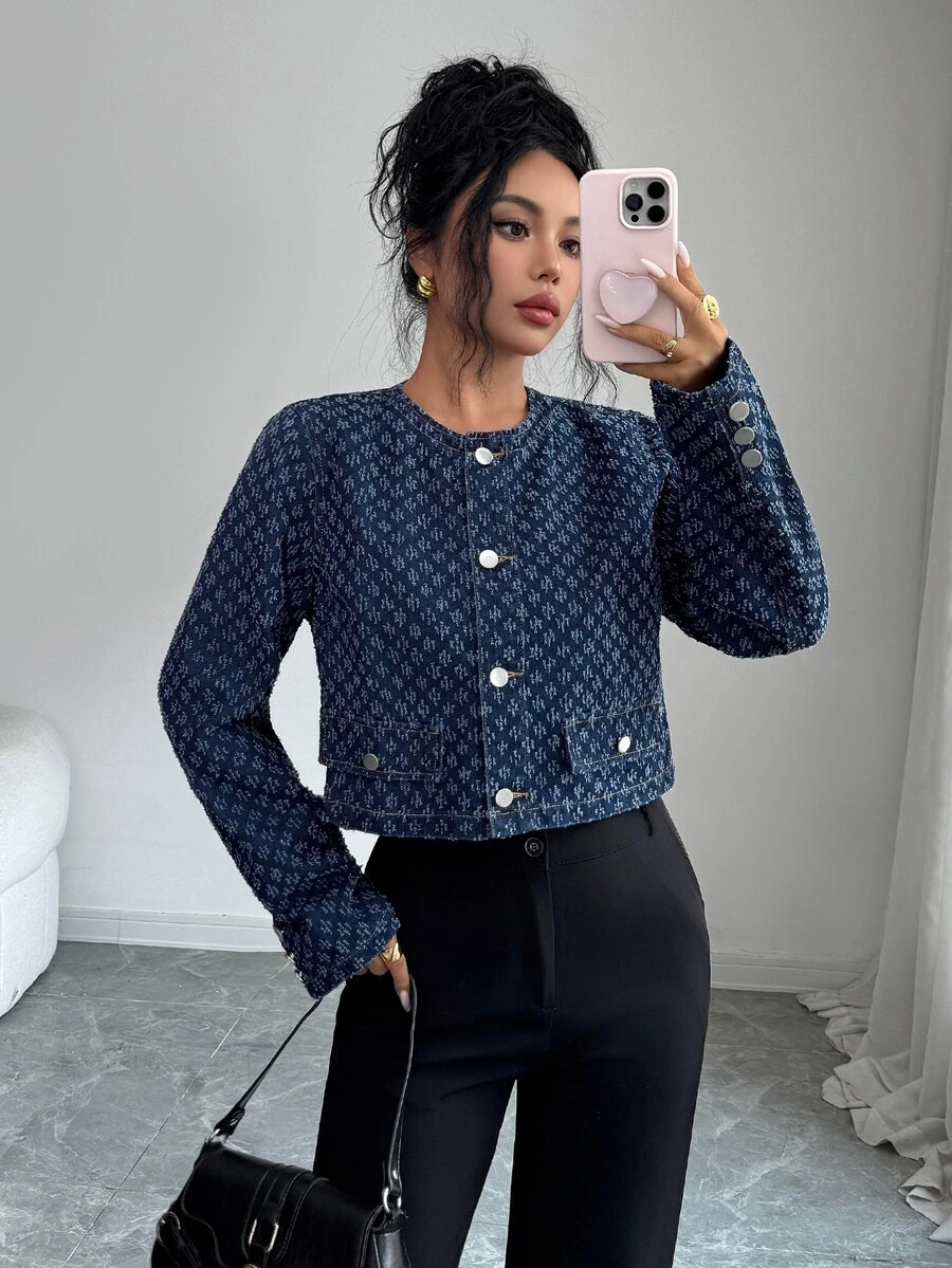 Elenzga Allover Print Button Front Crop Denim Jacket - Blue - View 1