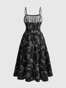 ROMWE Goth Summer Vacation Moon & Plant Vintage All-Over Print Spaghetti Strap Dress - Black - View 2