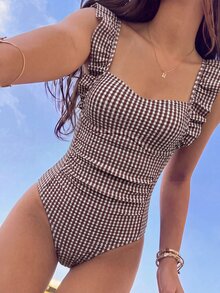 Swim Chiccia Women's Summer Beach Vacation Mature Knit Fabric Popular Brown Plaid Ruffle Trim Bandeau Front Ruched Slimming One-Piece Swimsuit - Multicolor - View 3
