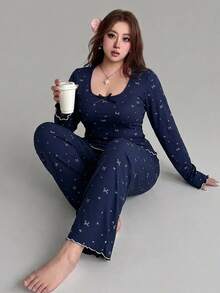 Dazy Plus Bow Print Square Neck Slim Fit Long Sleeve T-Shirt & Straight Leg Long Pajama Pants 2pcs Set Sleepwear - Royal Blue - View 4