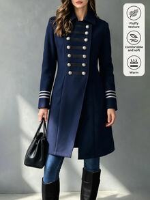 SHEIN معطف طويل بأسلوب عسكري بريطاني عتيق مع شريط زخرفي، أزرار فضية متعددة الصفوف، معطف تنقل متعدد الاستخدامات بخصر مشدود - أزرق بحري - مشاهدة 3
