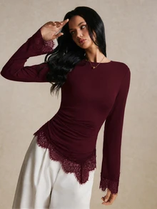 Poéselle Eyelash Lace Trim Ruched Tee - Burgundy - View 3