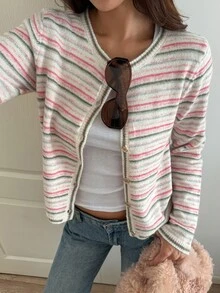 DAZY Women's Colorful Striped Loose Long Sleeve Round Neck Casual Vacation Korean Style Autumn/Winter Knit Cardigan - Pink - View 6