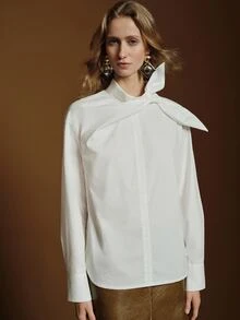 Anewsta Essential Autumn/Winter New High-Quality Standard Size Women's Blouse, Design-Focused Bowknot Ribbon Shirt, Stand Collar Loose Fit Slimming Commuter Versatile Long Sleeve Top - White - View 4
