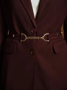 Anewsta Essential Anewsta Elegant Women's Metal Chain Decor Waist Belt Adjustable Silhouette Commuter Blazer Jacket - Burgundy - View 5