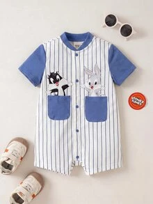 LOONEY TUNES X SHEIN Baby Boy Cartoon Pattern Striped Casual Daily Short Sleeve Romper - Blue - View 1