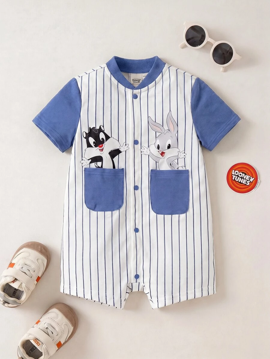 LOONEY TUNES X SHEIN Baby Boy Cartoon Pattern Striped Casual Daily Short Sleeve Romper - Blue - View 1