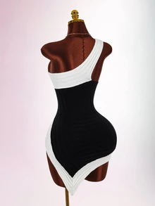 Amplova Women's Cold Shoulder Two-Tone Asymmetrical Hem Sweater Dress - Black and White - View 8