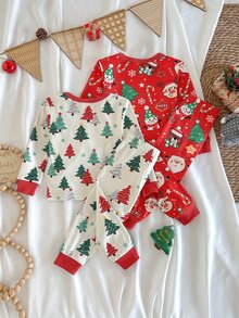 Loomiva Baby Boy Snug Fit Pajama Set, Christmas Pattern Christmas Tree Santa Claus Gingerbread Man Red Color Scheme Crew Neck Long Sleeve Pullover Top & Fitted Pants 2-Piece Set - Grey - View 2