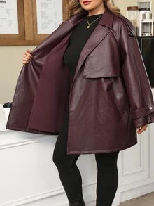 SHEIN CURVE+ Plus Size Women Burgundy PU Belted Jacket Winter Christmas - Burgundy - View 9