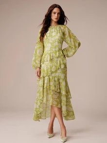 BELROSIE Women's Chiffon A-Line Dress With Side Multi-Layer Ruffle Trim, Asymmetrical High-Low Hemline, Lantern Sleeve Cuffs, Elegant Garden Tea Party Wedding - Multicolor - View 6