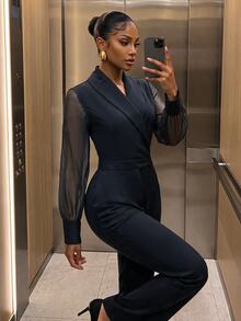 SHEIN SXY Women's Mesh Patchwork Casual Daily Wear Jumpsuit Long Pants - Black - View 7