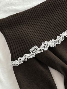 Elamini 女款修身蕾絲飾邊露肩長袖拼接綁帶蝴蝶結針織毛衣 - 咖啡棕 - 查看 7