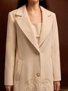 MOTF PREMIUM WOMEN'S AUTUMN/WINTER WOOL BLEND JEWELRY EMBELLISHED EMBROIDERED MID-LENGTH COAT - Beige - View 2
