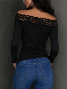LUMIGAL Women's Autumn/Winter Black Lace Patchwork Asymmetrical Shoulder Waist-Cinching T-Shirt - Black - View 2