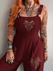 Whyspr Plus Size Wide Leg Floral Print Jumpsuit With Straps, Spring/Summer - Burgundy - View 5
