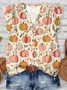EMERY ROSE Women's Casual Minimalist Halloween Pumpkin & Maple Leaf V-Neck Blouse - Multicolor - View 1