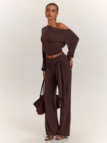 SHEIN BAE Fall Clothes For Women Sexy Asymmetrical Shoulder Top & Tie Waist Long Pants Brown Two Pieces Set Elegant Set Casual Set - Brown - View 1