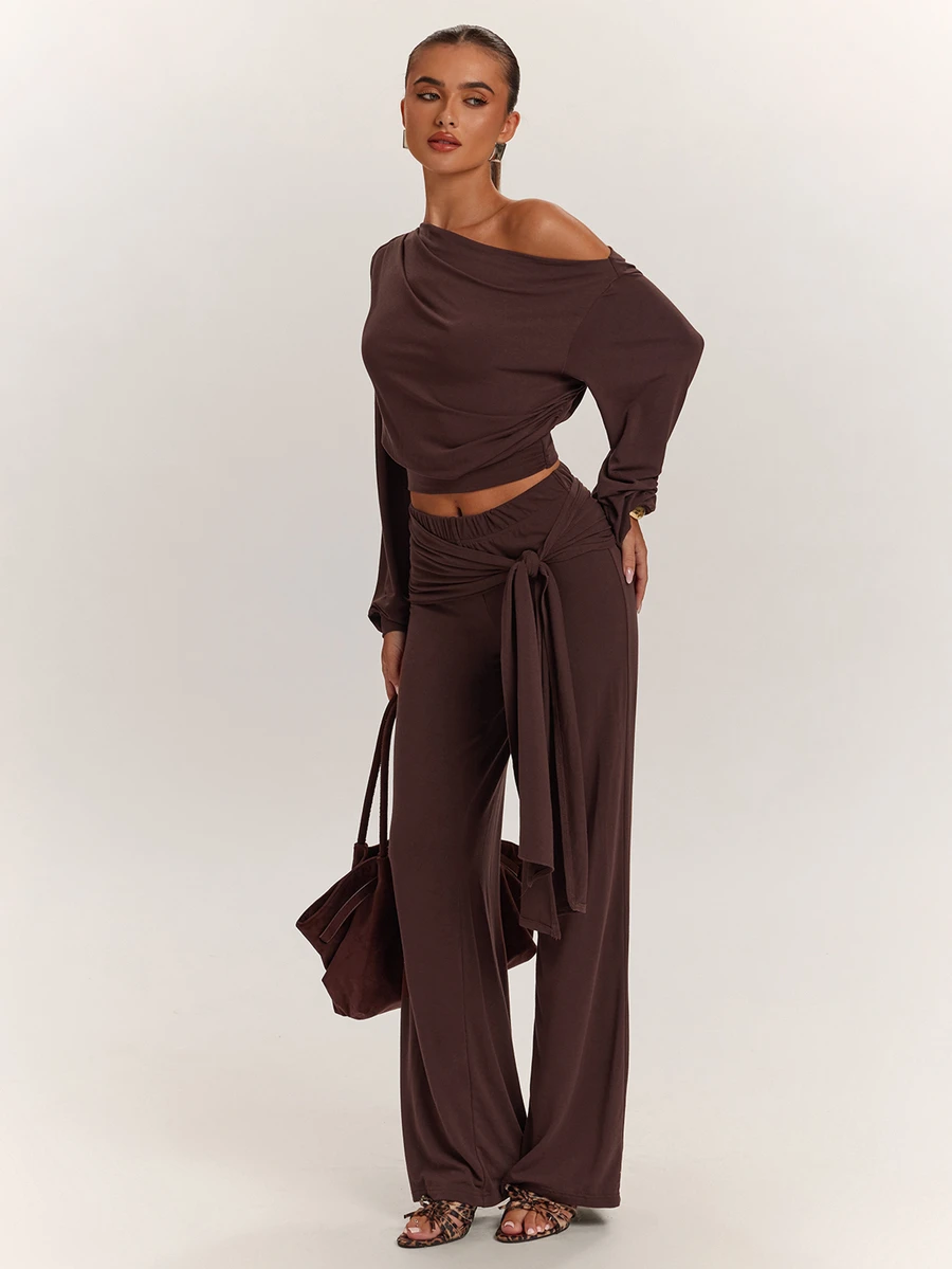 SHEIN BAE Fall Clothes For Women Sexy Asymmetrical Shoulder Top & Tie Waist Long Pants Brown Two Pieces Set Elegant Set Casual Set - Brown - View 1