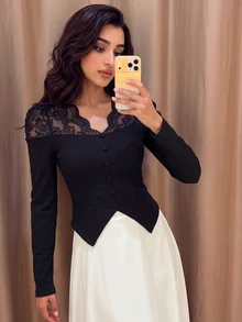 Modelyn Women's Elegant V-Neck Fitted Lace Patchwork Waist-Cinching Knit Top For Daily Commute And Date Outfits - Black - View 3