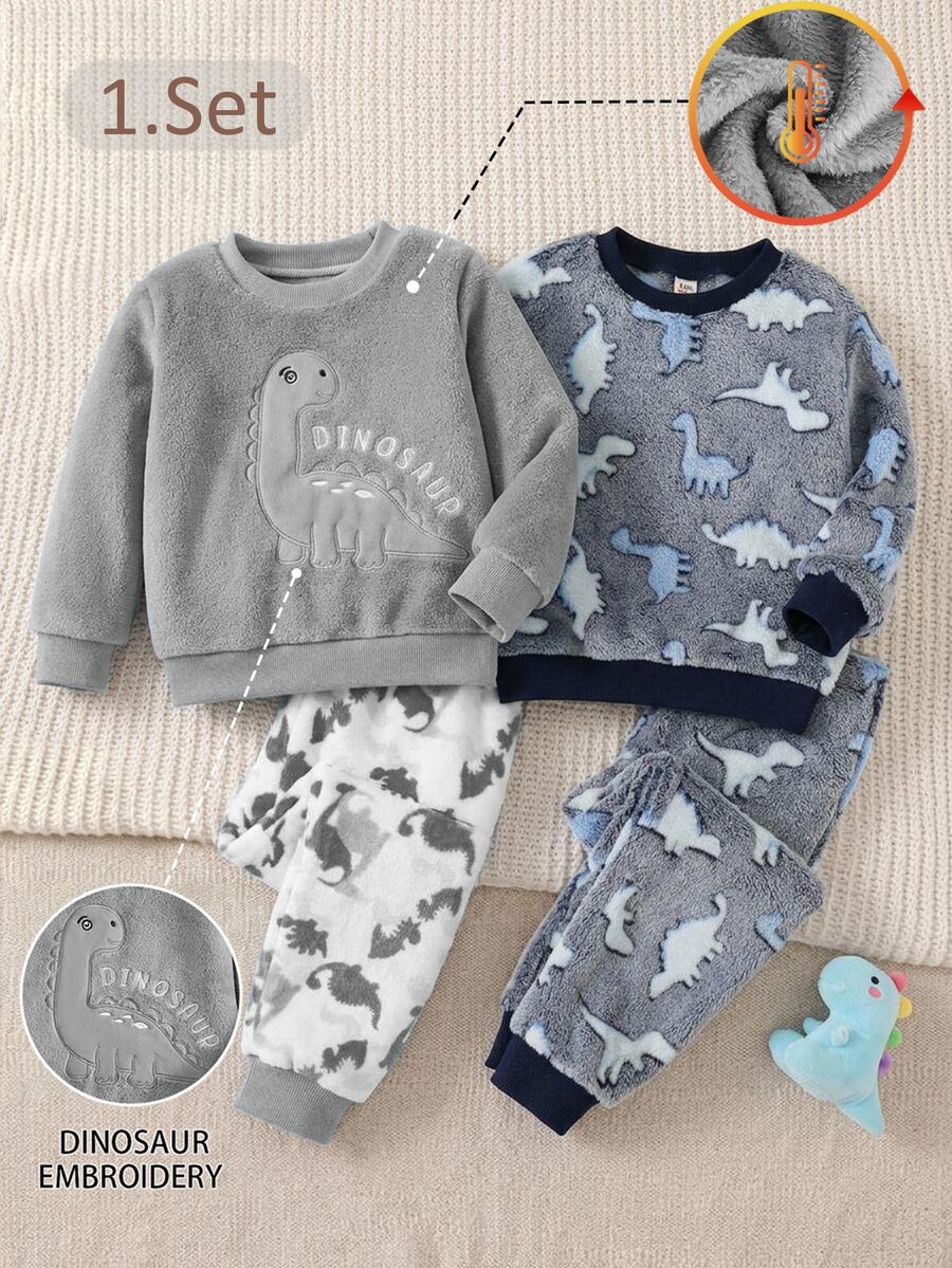 Set Piyama Anak Laki-laki Muda 2 Potong Motif Dinosaurus Bordir Bahan Fleece Hangat Lembut Ramah Kulit Lengan Panjang Celana Set Baju Santai - Grey - View 1
