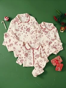 SHEIN Vintaside Kids 聖誕秋冬男嬰套裝 可愛節慶氛圍 聖誕樹薑餅人糖果禮盒元素印花 柔軟舒適棉質雙層雪紡休閒舒適開襟衫長袖褲兩件套居家服 親子款假日風 - 杏色 - 查看 7