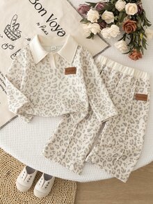 Baby Girls Leopard Polo Wide Leg Pants 2 Pcs Set,Beige Elastic Waistband.Suburban Outings, Shopping, Other Occasions, Spring /Autumn/Winter - Khaki - View 7