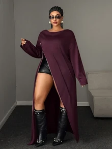 Maweii Design Drape Neck One Side Zipper Split Long Sleeve Loose Fit Long Sweatshirt - Burgundy - View 4