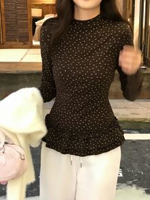 DAZY Women's Casual All-Over Floral Print Long Sleeve Korean Style T-Shirt - Coffee Brown - View 12
