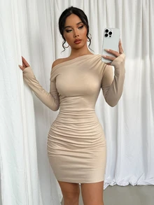 Elenzga 女款不對稱單肩百褶長袖洋裝，適合約會、度假、派對、日常穿著、聚會、戶外活動 - 杏色 - 查看 1