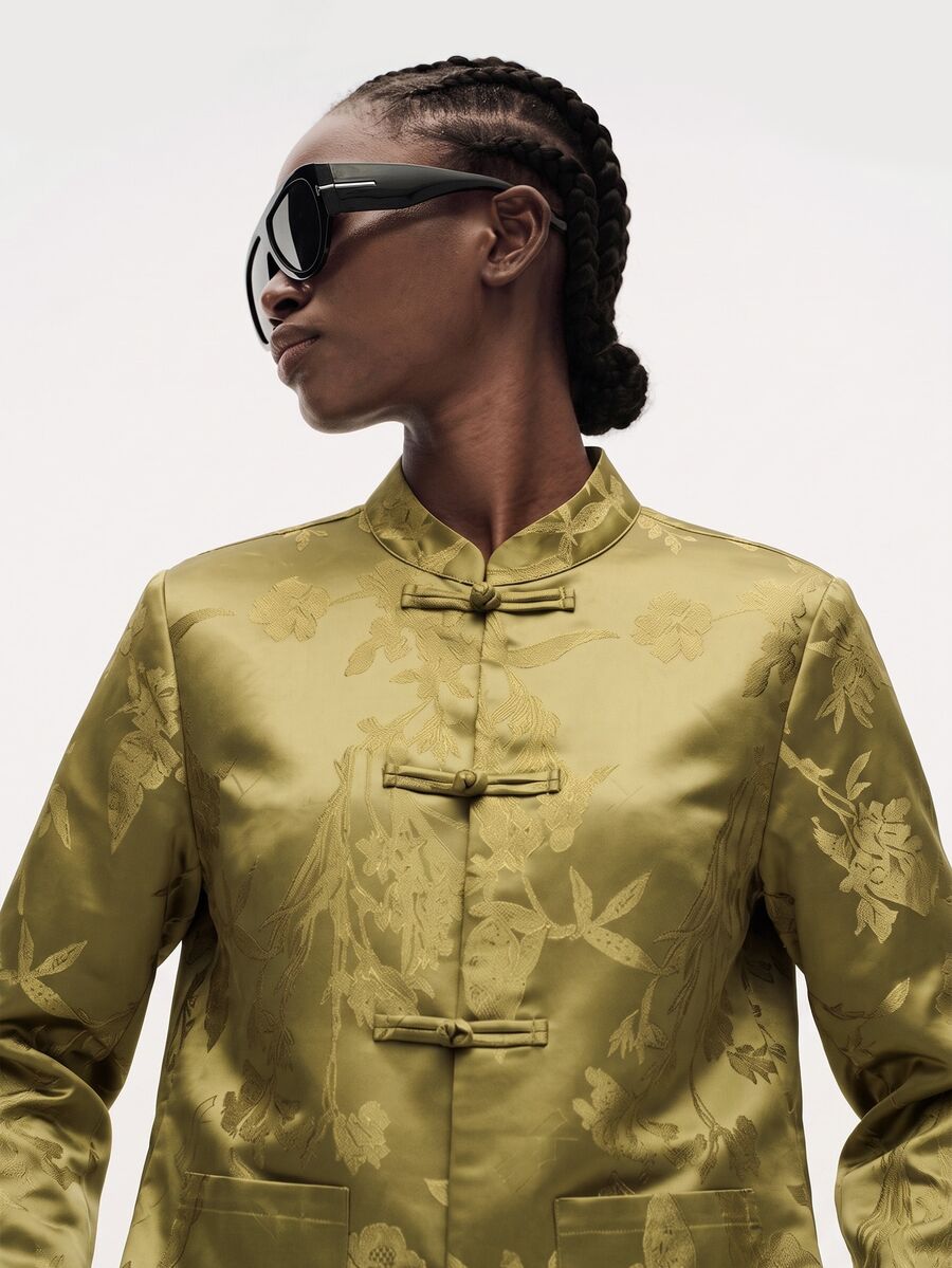 Aveloria Modichic Autumn/Winter Bean Green & Yellow Green Floral Textured Pattern Satin Jacquard New Chinese Style Frog Button Decor Stand Collar Loose Open Front Elegant Commute Design Long Sleeve Blouse Exquisite Luxurious Heavy Work Modern Casual Party Mix & Match Street Style Versatile - Multicolor - View 1