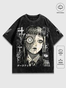 ROMWE MEN Goth 男士圓領休閒日常短袖T恤 - 黑色 - 查看 3