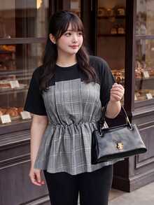 Bijouette Atasan Rajut Patchwork Campuran Kain Leher Bulat Ukuran Plus Musim Gugur, Menutupi Perut dengan Sempurna, Menyembunyikan Lemak Tubuh, Memperindah Bentuk Tubuh Pir & Apel, Cocok untuk Semua Ukuran, Tidak Ketat - Hitam - View 7