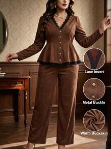 Auvina Women's V-Neck Button Decor Patchwork Lace Long Sleeve Top + Wide Leg Pants Two Pieces Set Fall - Brown - View 1