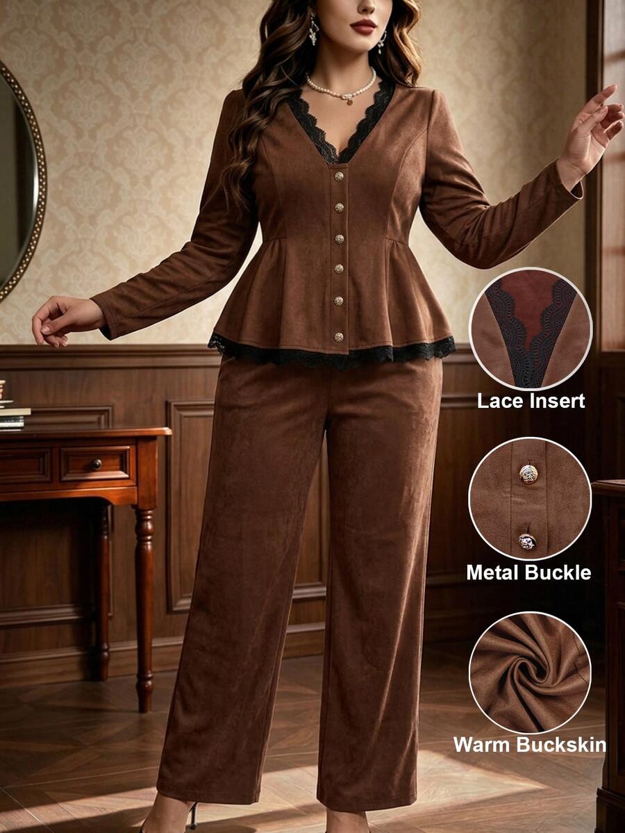 Auvina Women's V-Neck Button Decor Patchwork Lace Long Sleeve Top + Wide Leg Pants Two Pieces Set Fall - Brown - View 1