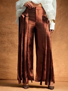 Vixey Structural Satin Wide Leg Trousers, Elegant Party, Dinner Date, Statement Pants, Holiday, Event Dressing - Brown - View 4