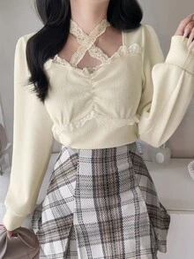 FRIFUL Women's Sweet Versatile Lace Patchwork Pleated T-Shirt - Beige - View 7