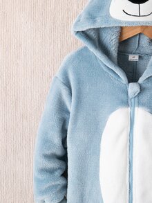 SHEIN 秋冬雙面法蘭絨小男孩連帽長袖連身衣，白色布料拼接前襟，可愛熊刺繡搭配3D耳朵設計，前拉鍊，毛絨面料舒適睡衣家居服 - 藍色 - 查看 4