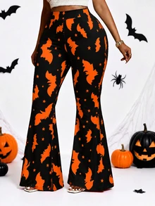 Whyspr Plus Size Women Halloween Element All Over Print Slim Fit Pants - Black - View 4