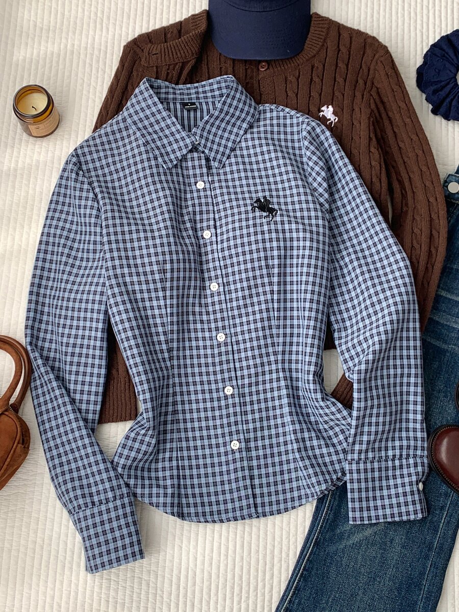 Comfortcana Women's Korean Style Embroidered Plaid Single Breasted Long Sleeve Shirt - Blue - View 1
