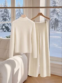SHEIN Franclia New Chinese Style Stand Collar Frog Button Long Sleeve Sweater Set, Slim Fit Ribbed Two Pieces Set, Autumn/Winter Beige Drape Wide Leg Pants, Fashionable Gentle Sweater Two Pieces Set - White - View 2